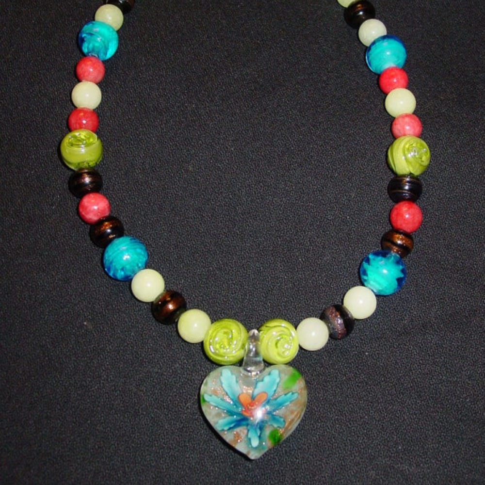 Handmade Beaded Necklace with Glass Heart